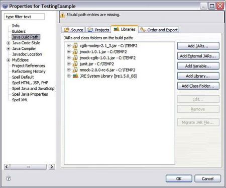 已添加到 testingexample 项目中的 jmock 和 rmock jar 的清单