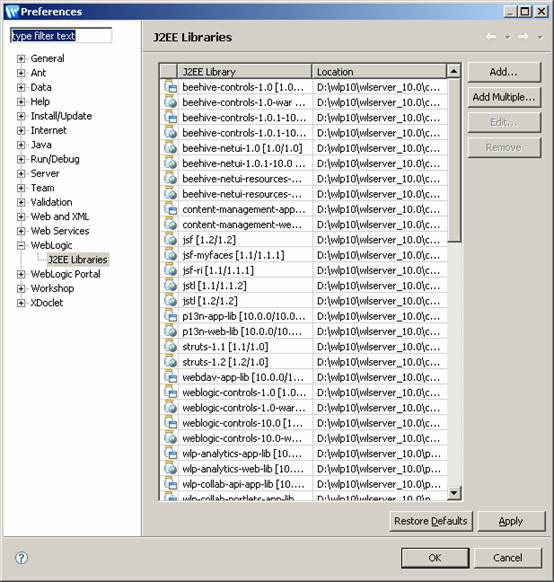 选择“weblogic->j2ee libraries